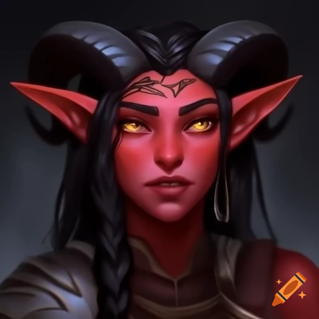 Female tiefling with red skin and black horns in warrior outfit on Craiyon