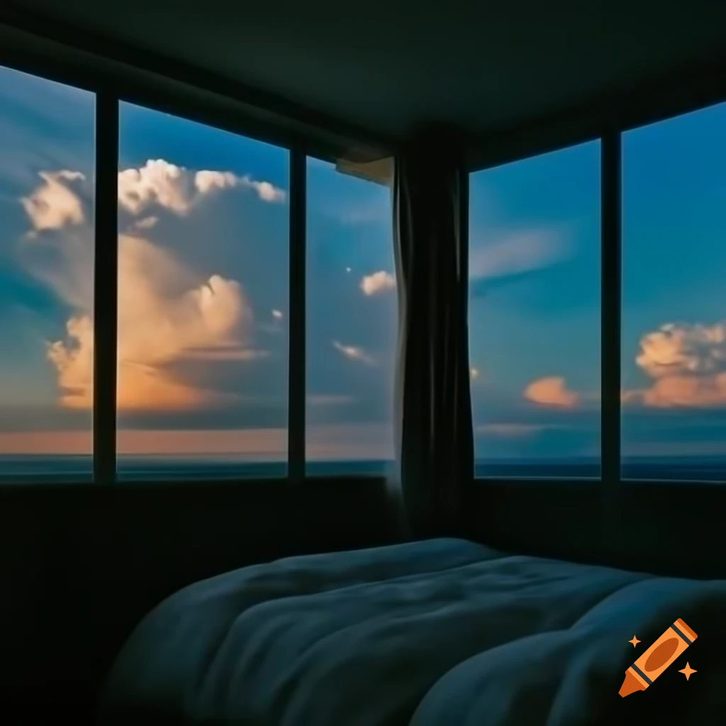 Liminal space bedroom with glass walls showing cloudy blue sky and sunset