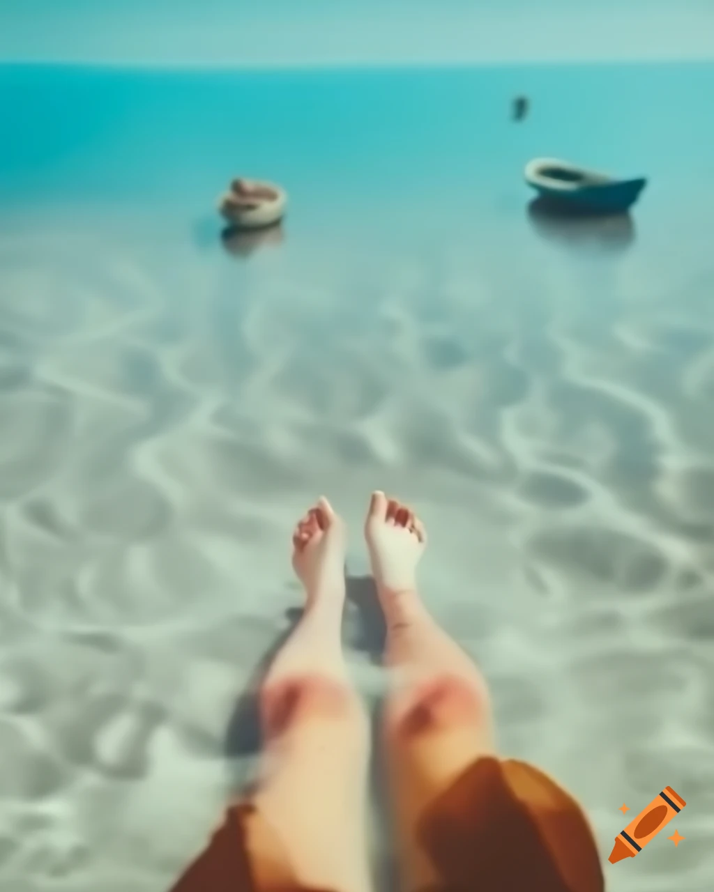 Serene summer scene with feet emerging from tranquil water, vintage film aesthetic