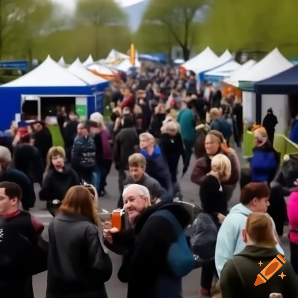 Vibrant spring festival in Scotland with visitors and blue-green theme
