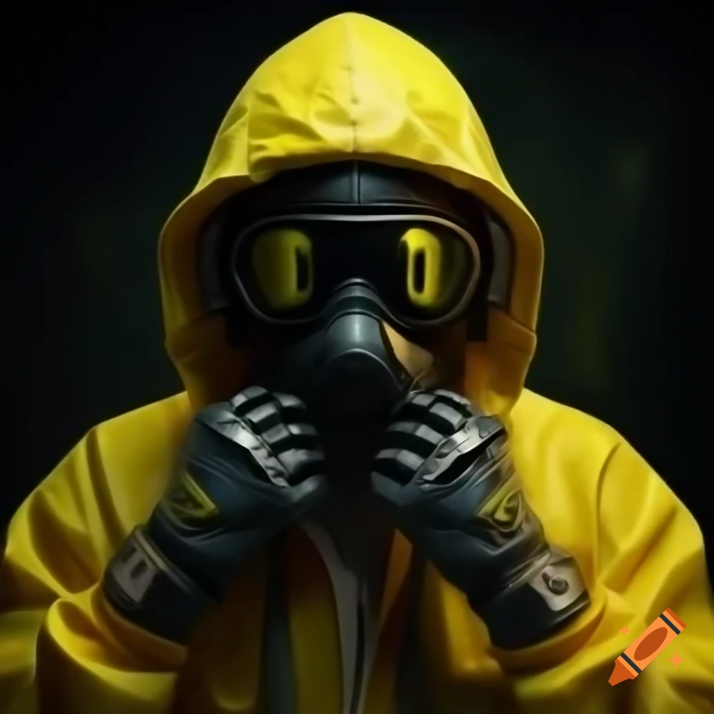 Rapper in hyper-realistic hazmat street suit against dark background on ...