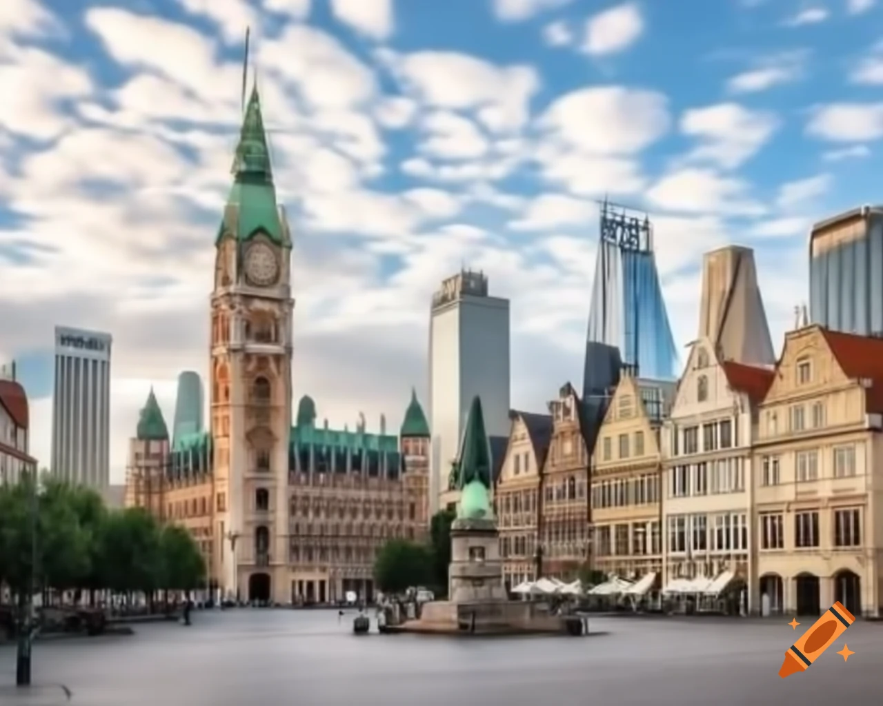 European old town square featuring Rathaus with skyscrapers in background, street view