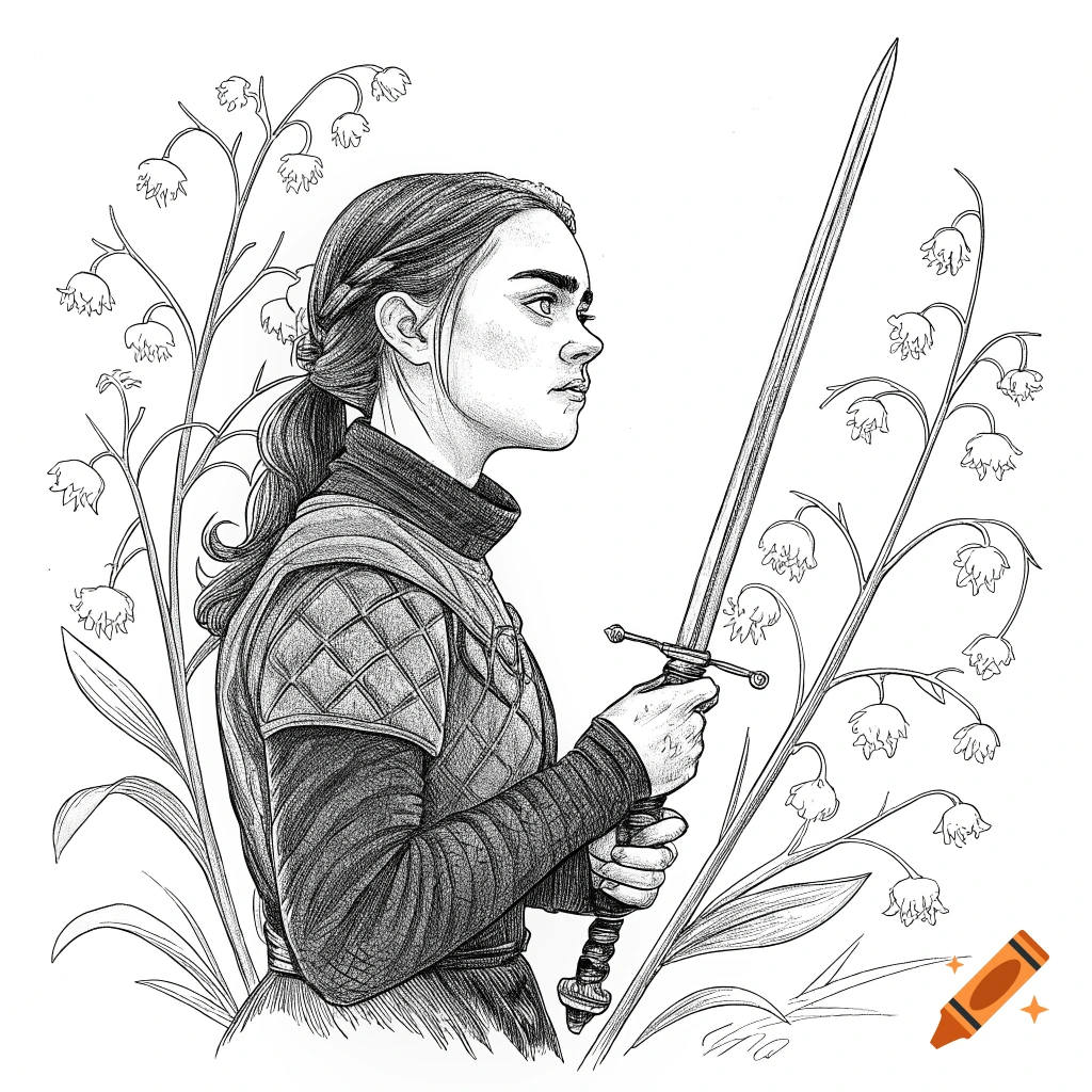 Lily of the valley around Arya Stark's Needle sword line drawing