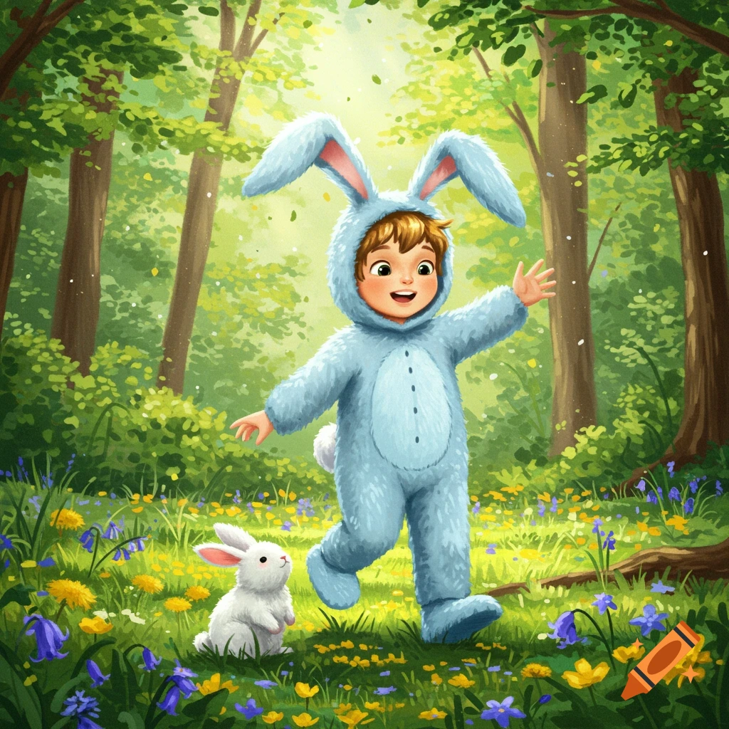 Boy in bunny suit with bunny in forest