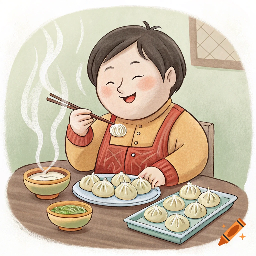 Asian individual with Down syndrome enjoying dumplings