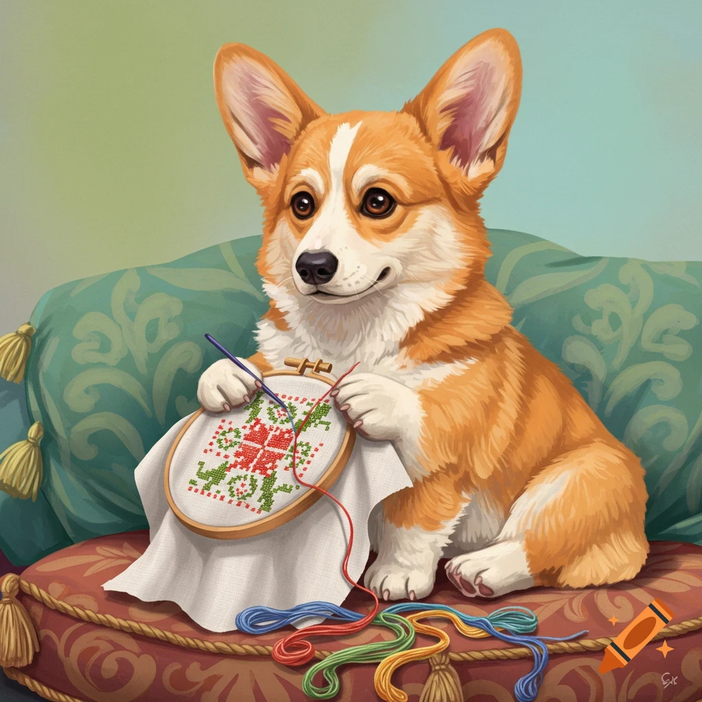 corgi doing cross stitch