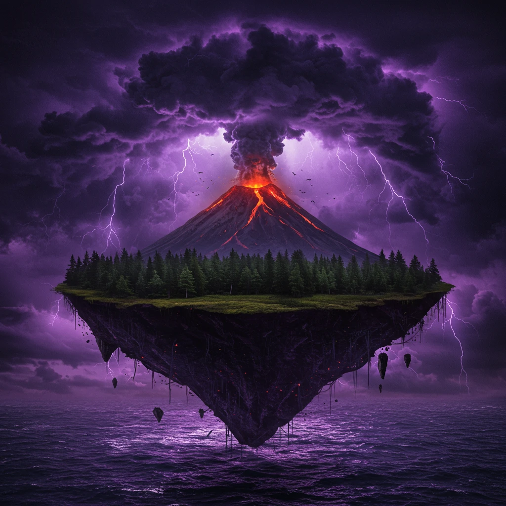 Volcano surrounded by forest with a purple and black storm, floating island