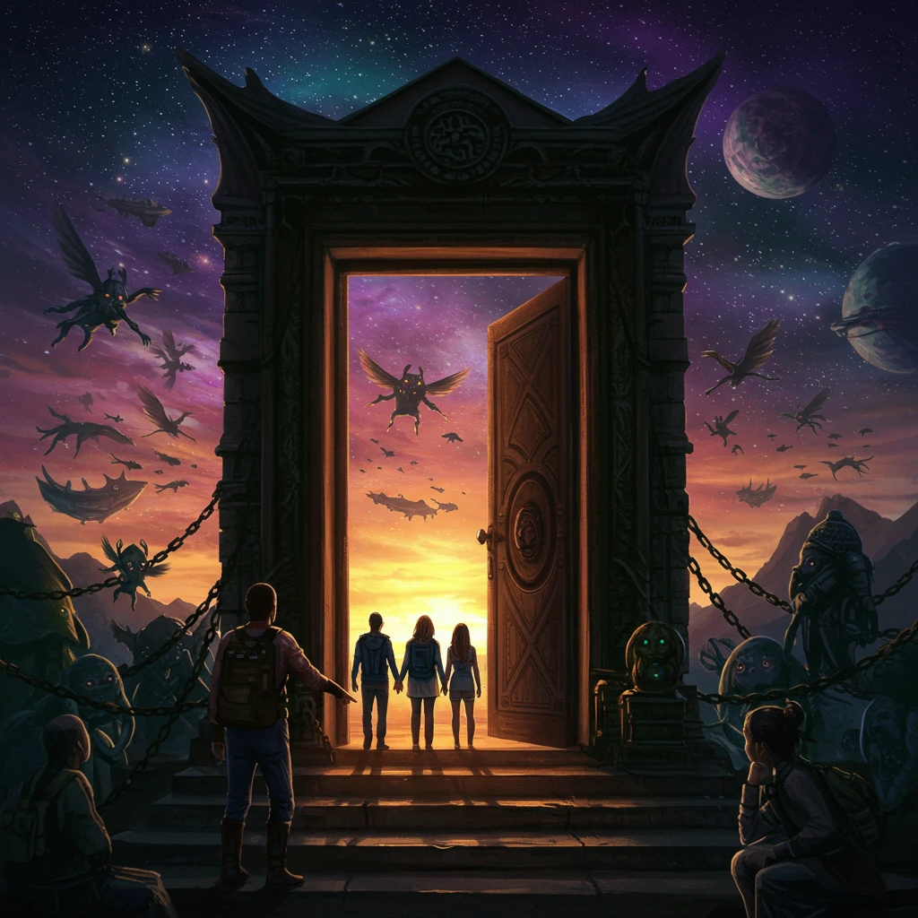 Fantasy door to an intergalactic world with vivid colors and flying creatures