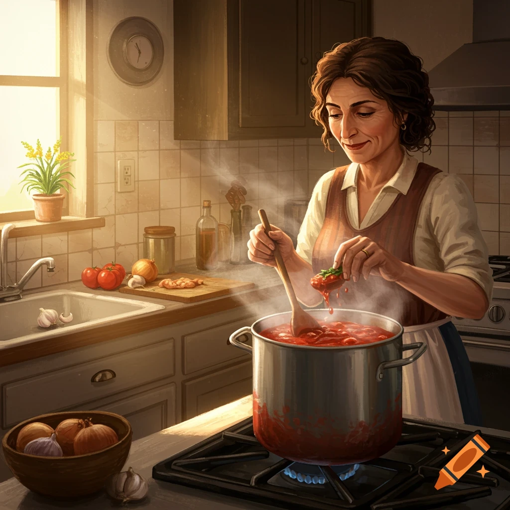 Sunday Gravy being made in a kitchen