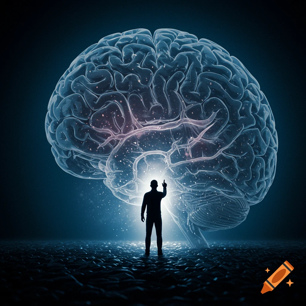 Silhouette of a man pointing at a brain
