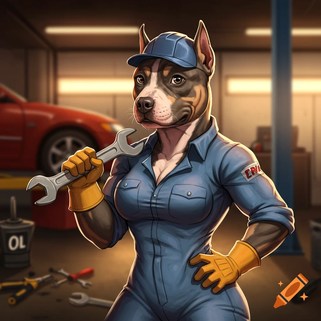 American Bully dog dressed as a mechanic