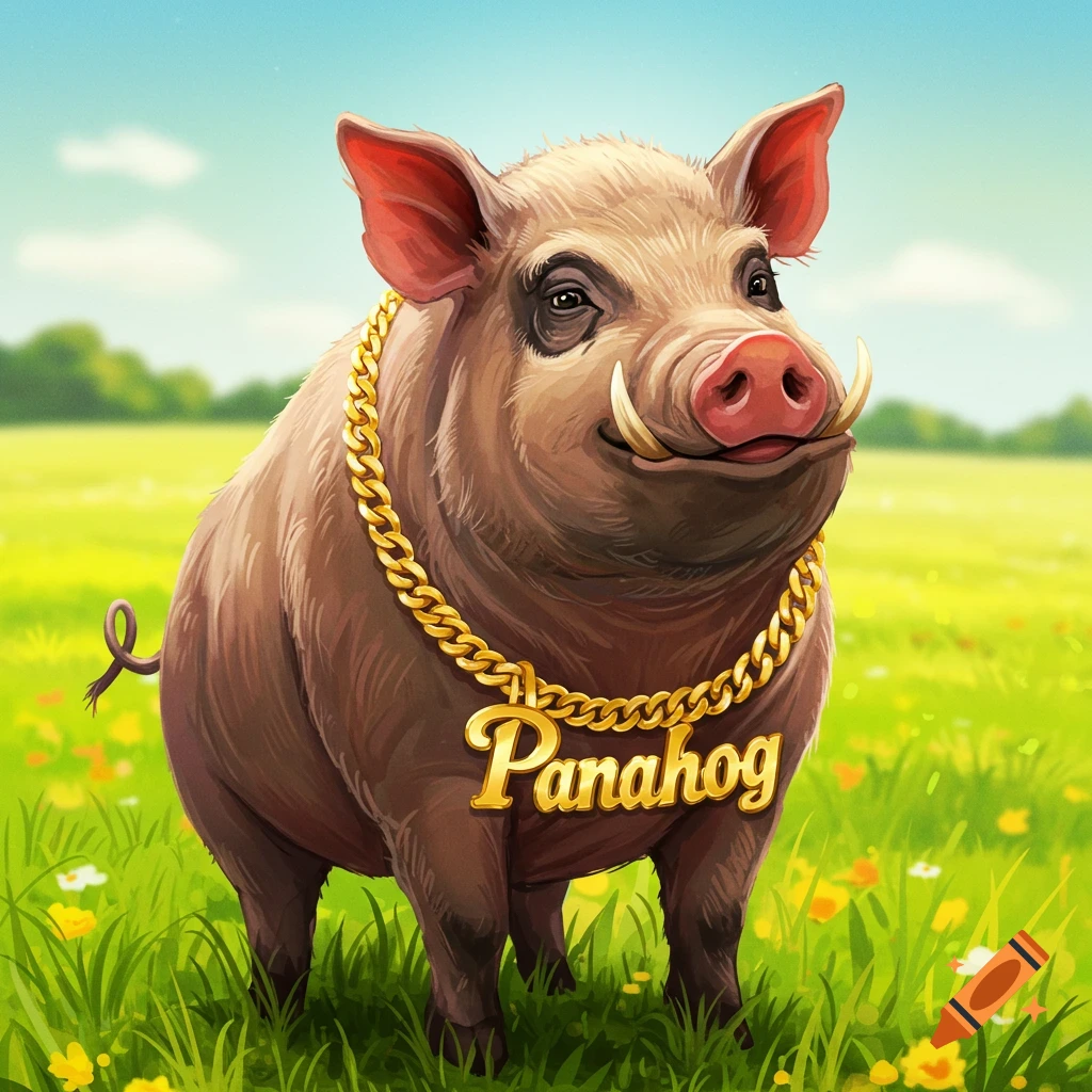 Hog wearing a necklace that says Panahog