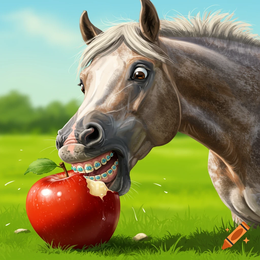 Horse with braces trying to eat an apple