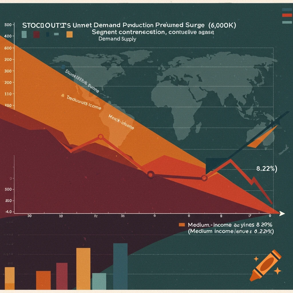 Stockouts, unmet demand, production surge, segment contraction, demand vs supply text display or infographic element