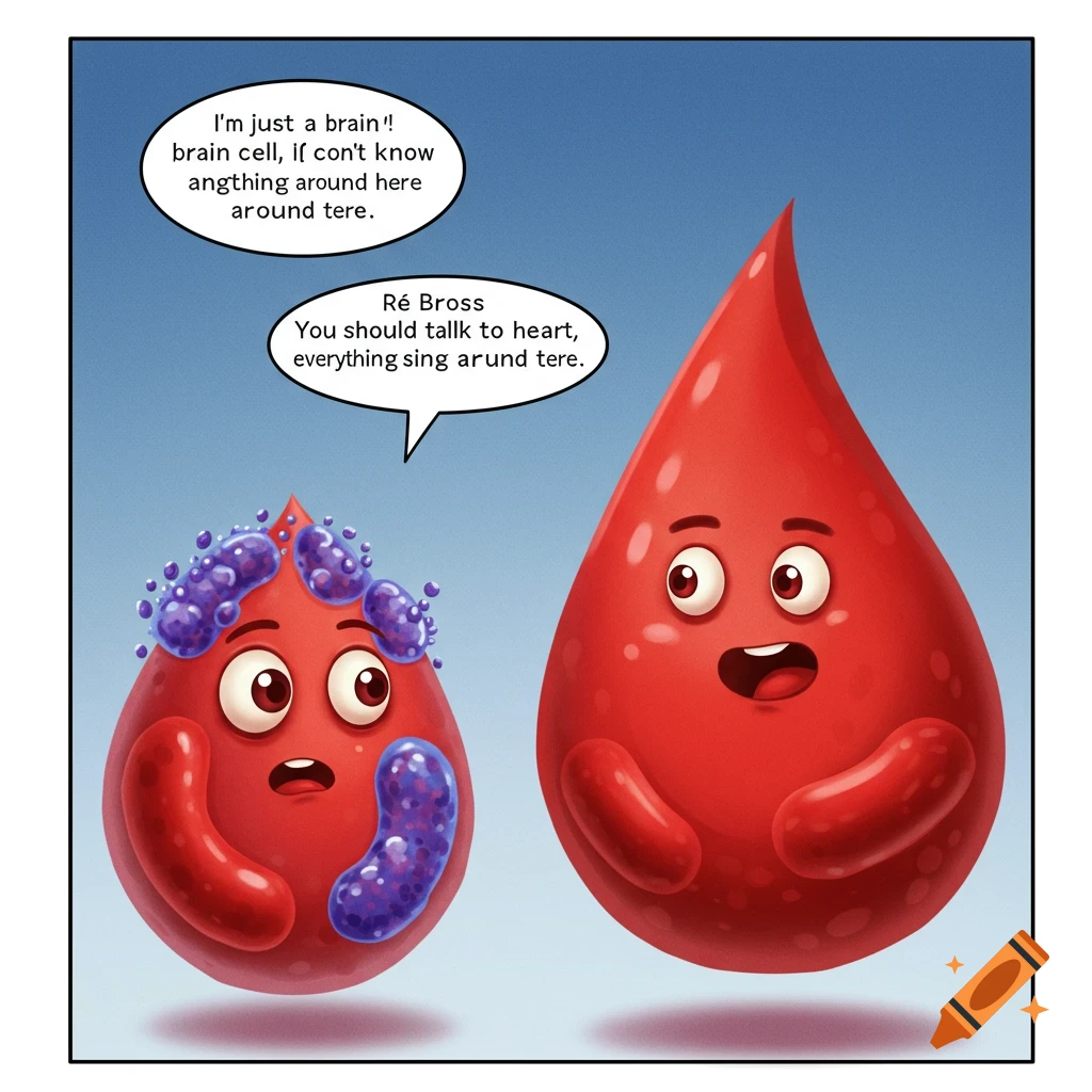 Cartoon of an organelle and a red blood cell in conversation, humorous medical concept illustration. Dialogue included in image, making the text visible and important to the image's meaning. The red blood cell is speaking to the organelle, "I'm just a brain cell, I don't know anything around here. You should talk to heart, he knows about everything around here."