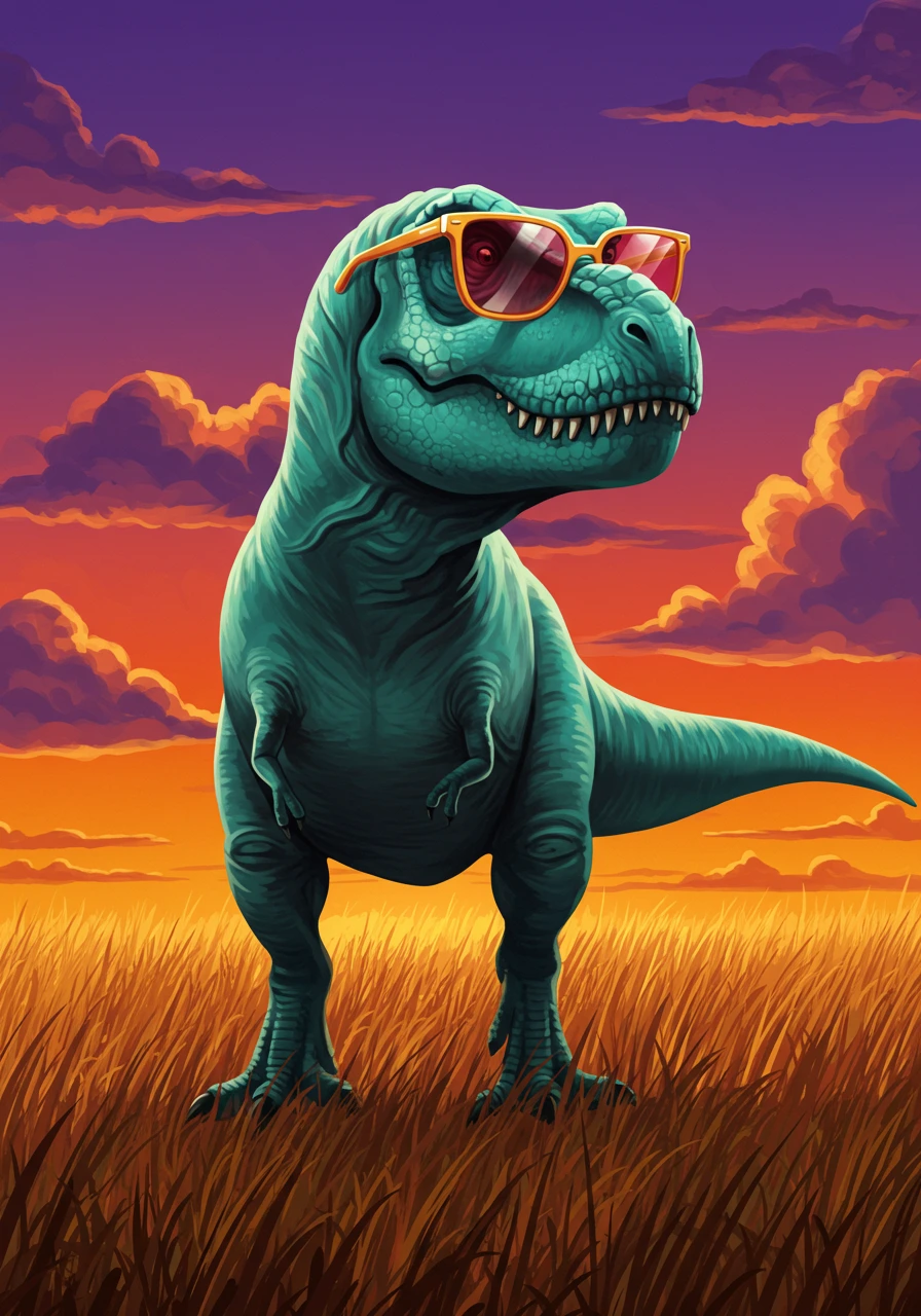 a cool dinosaur wearing sunglasses at sunset