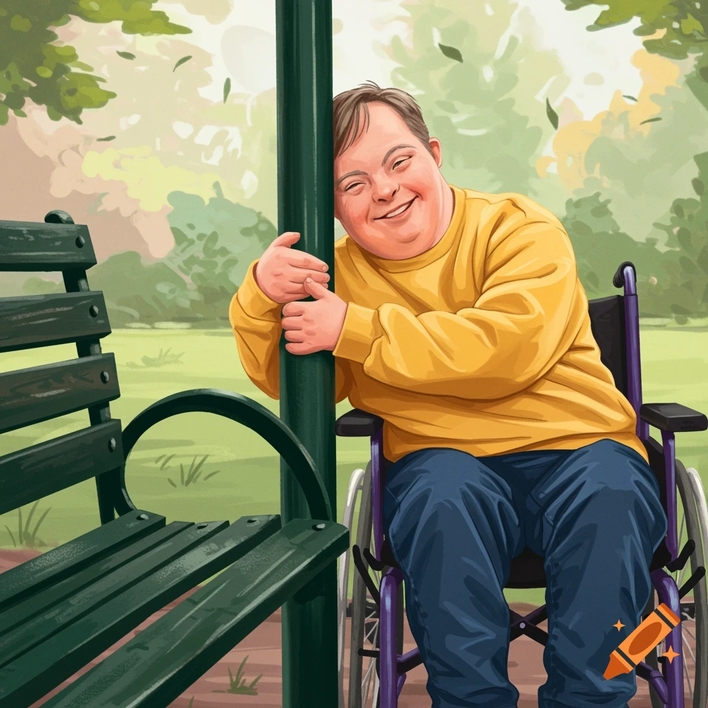Person with Down syndrome hugging a pole in a wheelchair
