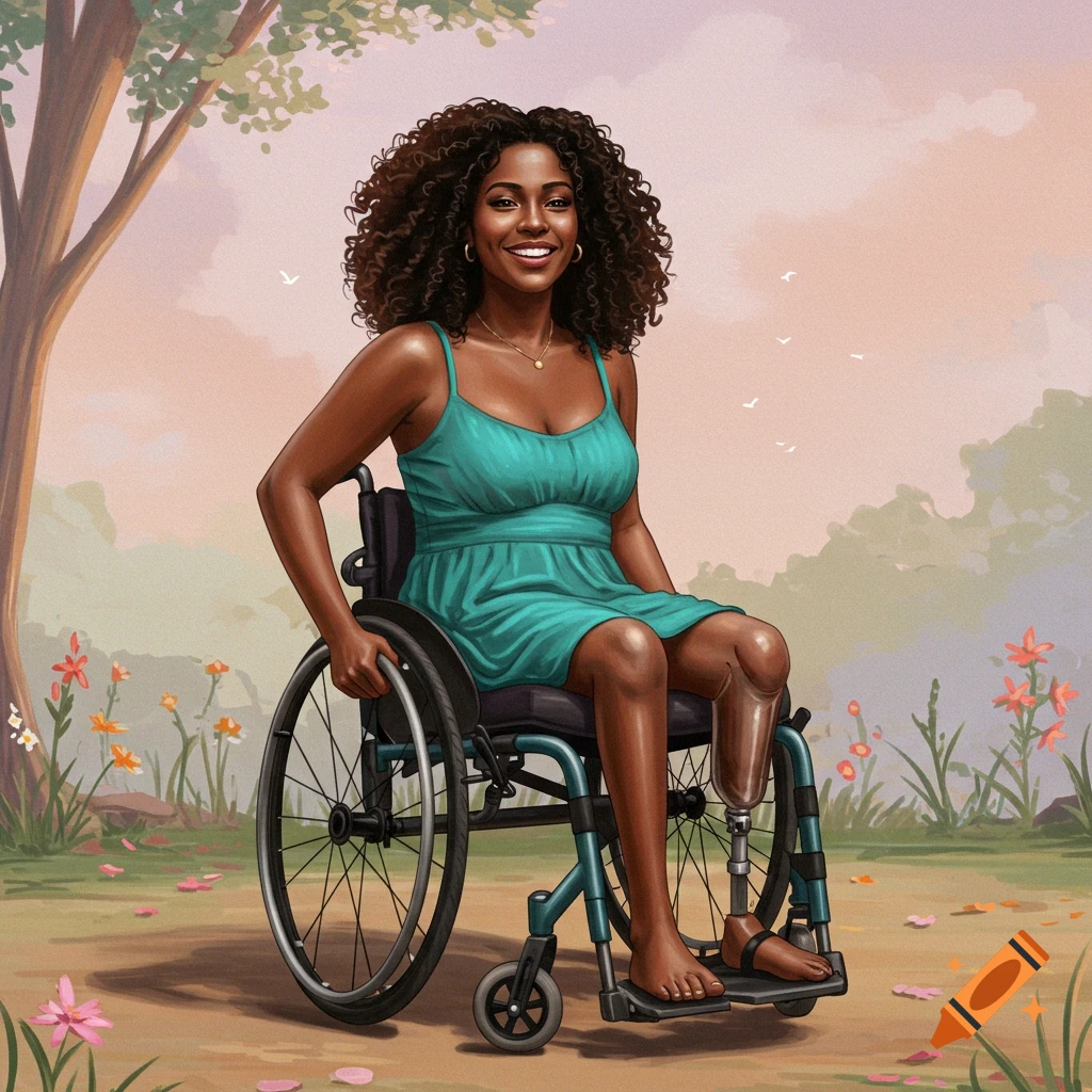 African American woman in wheelchair with below-knee and above-knee amputations on right and left legs respectively. Focus on accessibility and representation, inclusive imagery, diverse beauty standards, disability awareness.