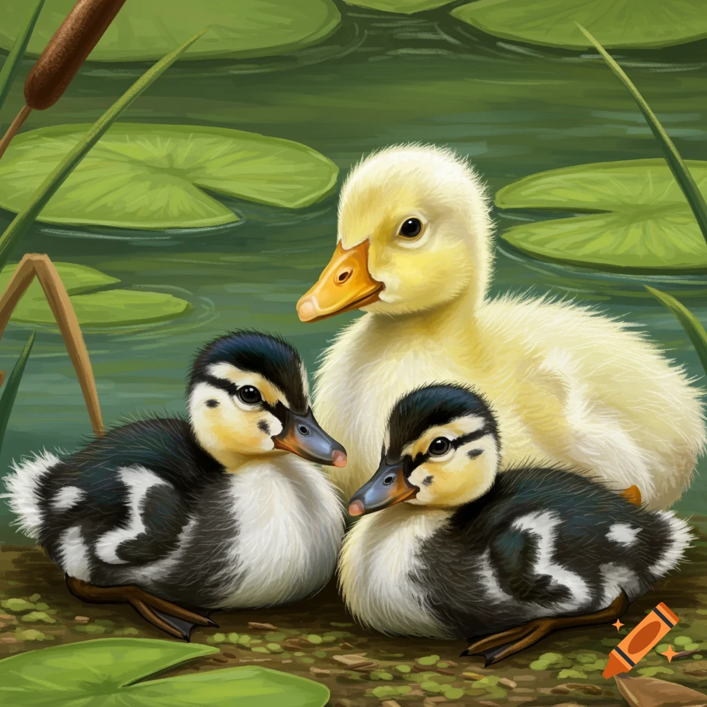 Three magpie ducklings huddling next to an Embden gosling