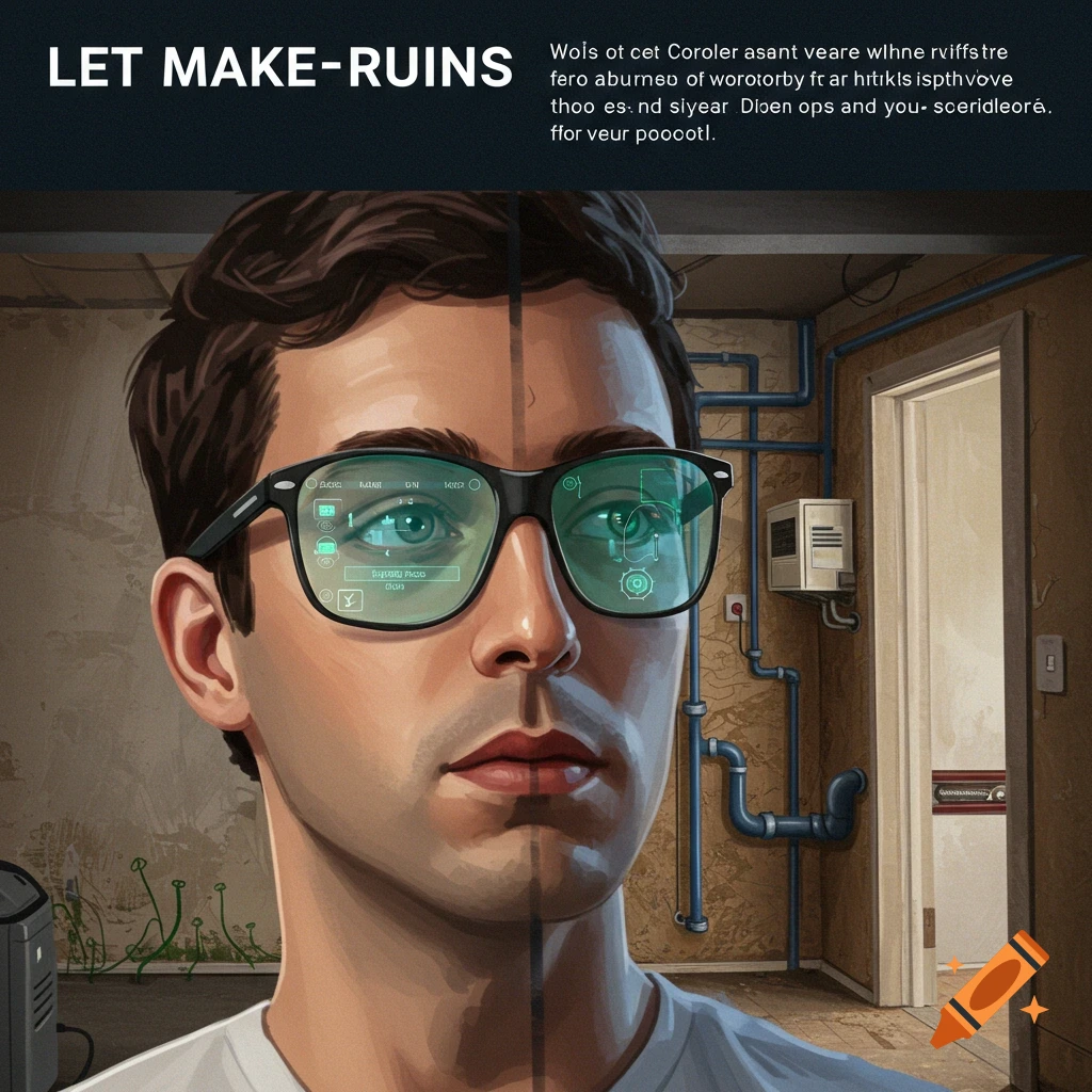 Infographic for augmented reality glasses showing cable runs, studs, pipes, and ACs for home improvement professionals.