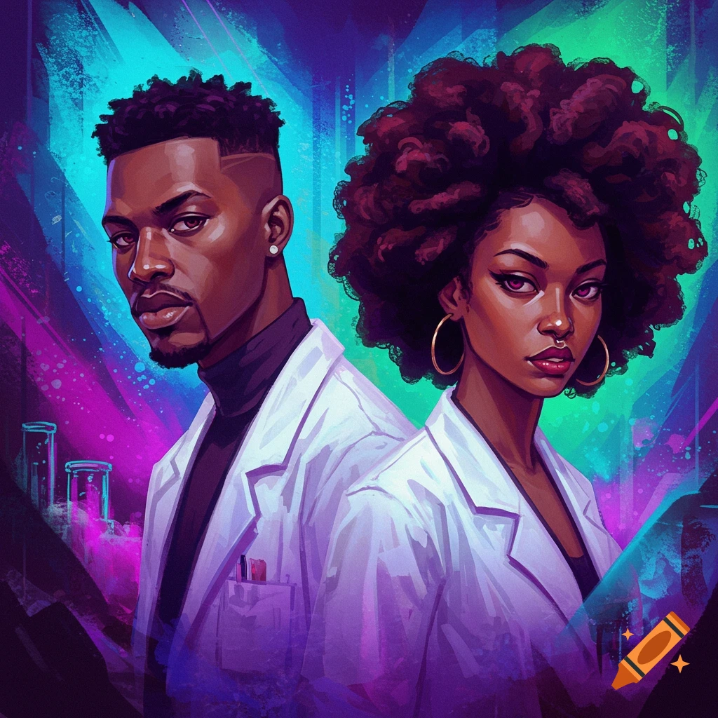 Two evil black scientists surrounded by color