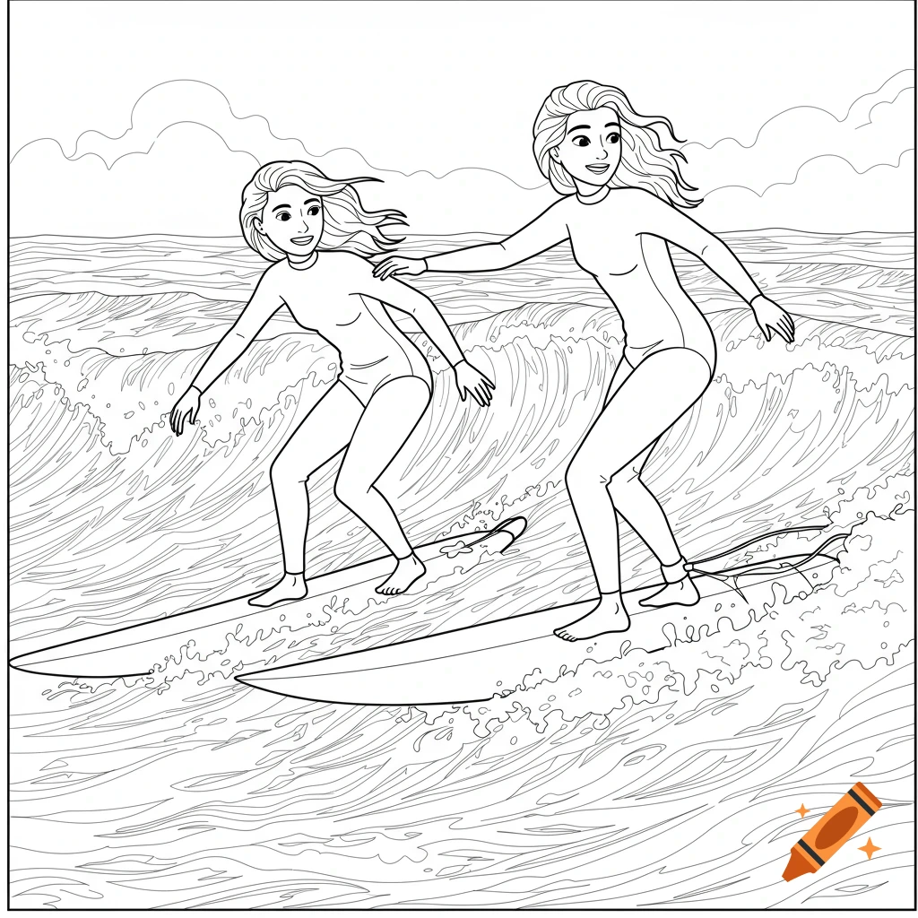 Black and white coloring picture of girl friends surfing