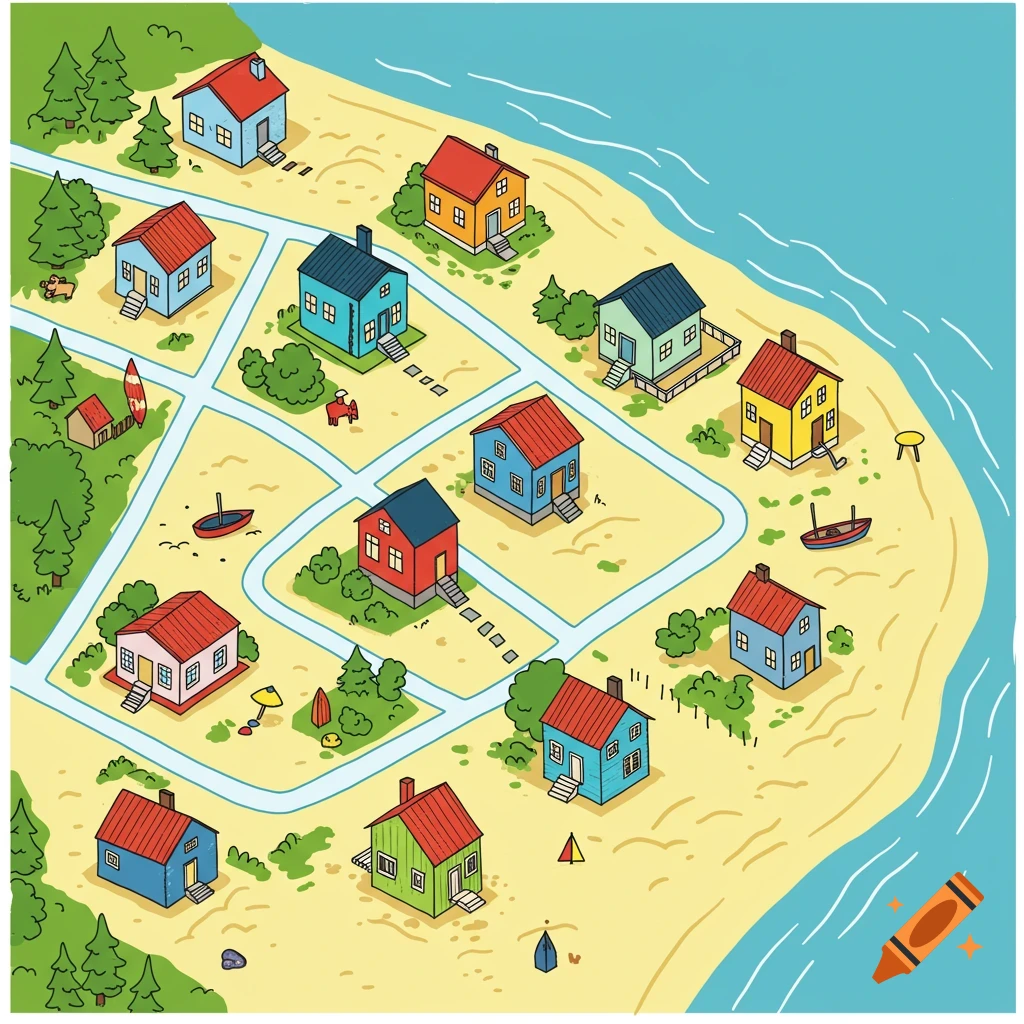 Community map with houses on beaches in clipart style on Craiyon