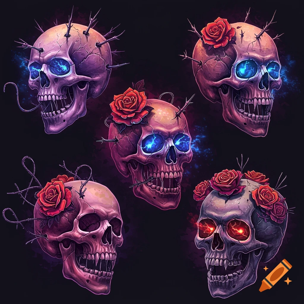 Skulls with barbed wire and roses, galaxy colors, twisted outlook