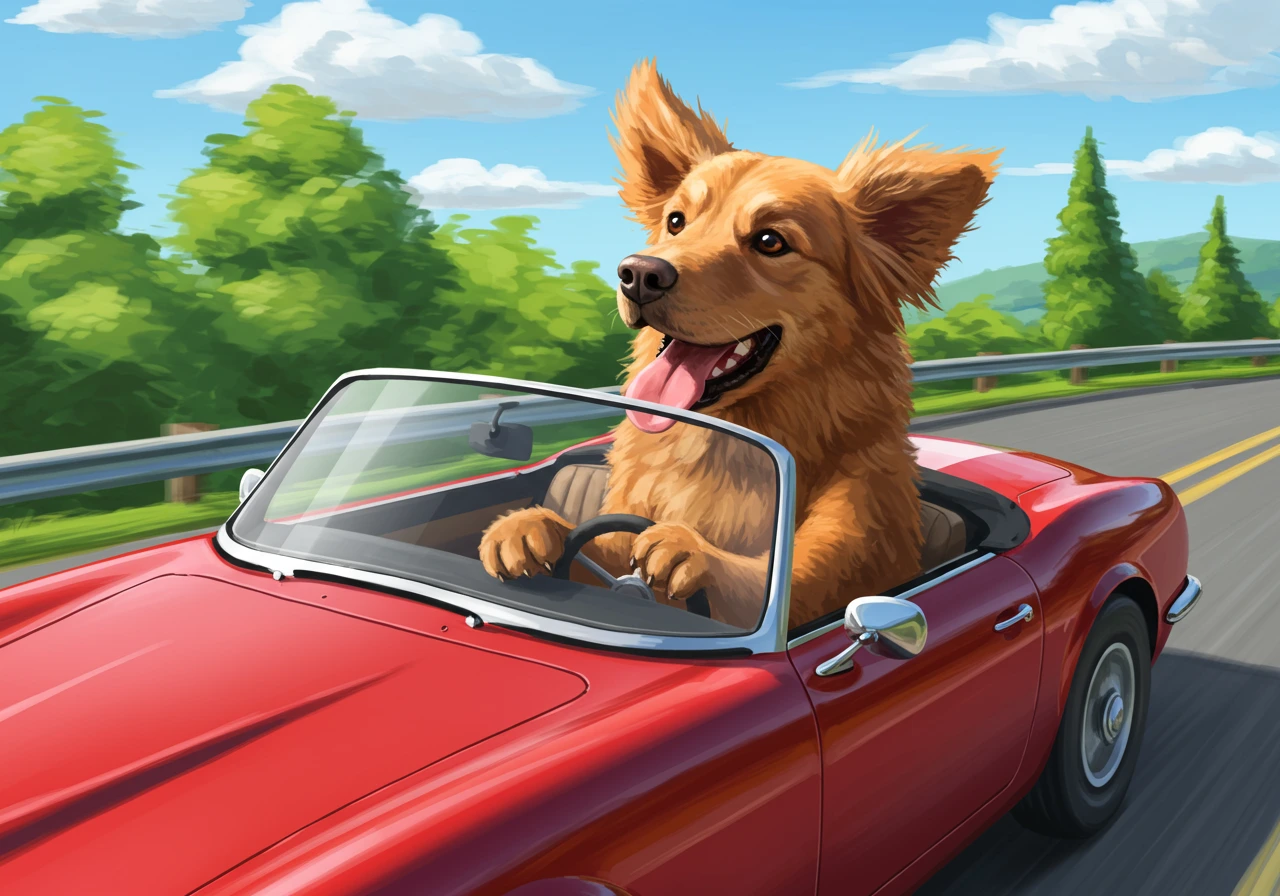 Dog driving a car with tongue out