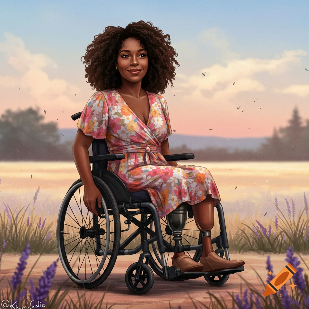 African American woman in wheelchair with below-knee and above-knee amputations on right and left legs respectively. Focus on accessibility and representation, inclusive imagery, diverse beauty standards, disability awareness.