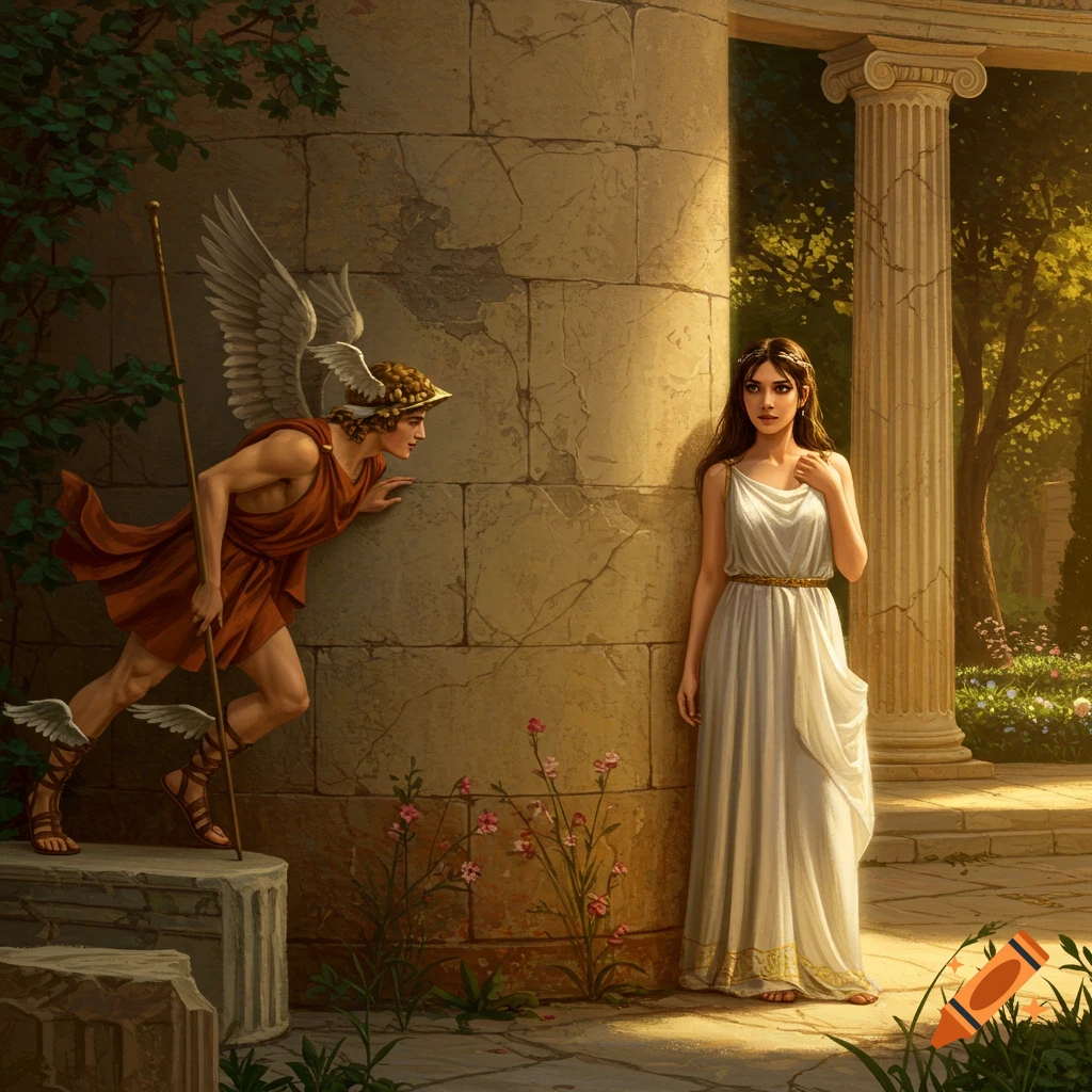 Greek God Hermes looking at a woman from behind a wall