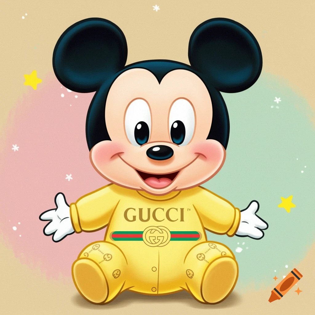 Cartoon baby Mickey Mouse wearing a Gucci onesie
