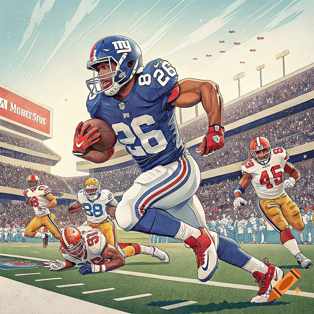 Saquon Barkley running during an American football game in Nintendo style