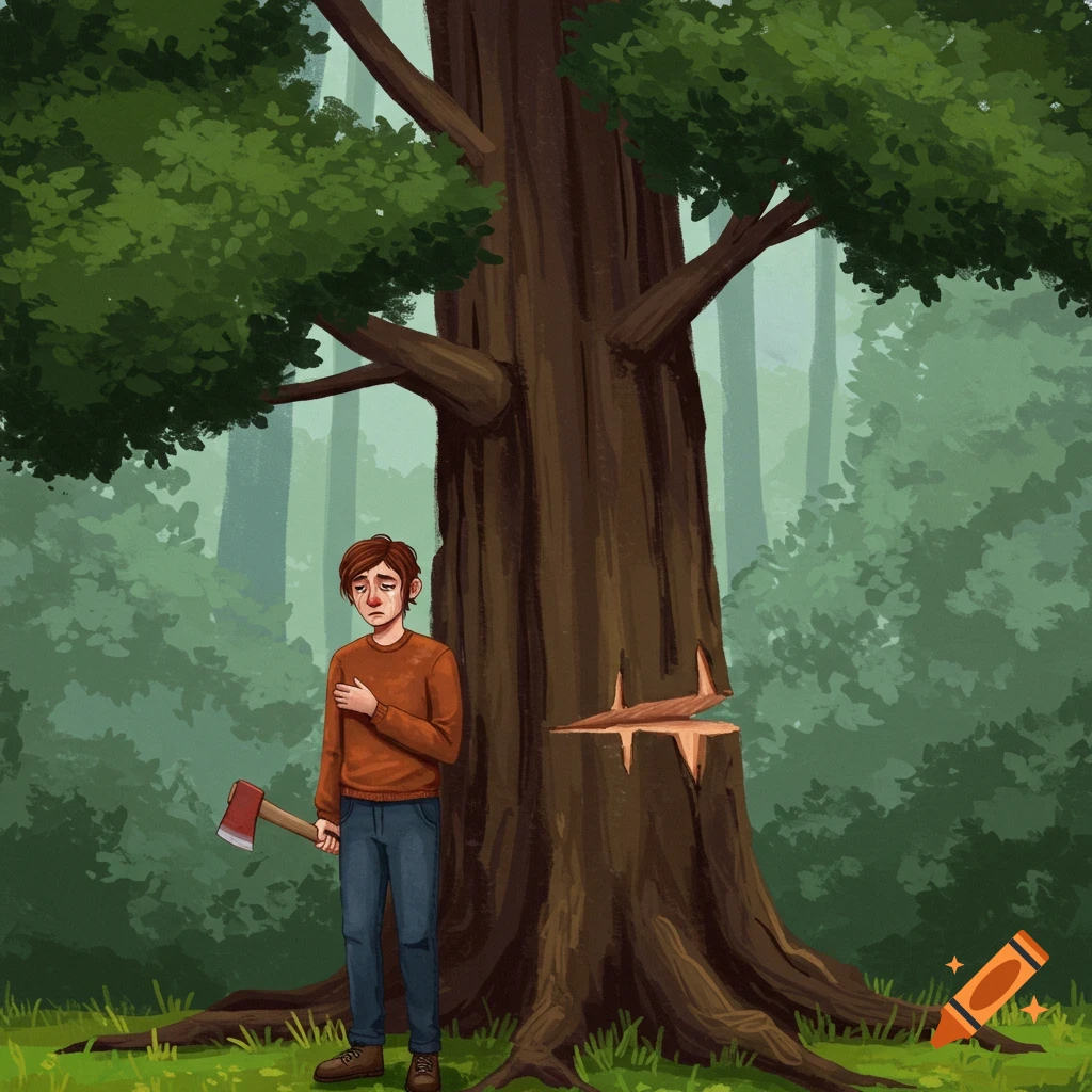 Sad person unable to cut down tree