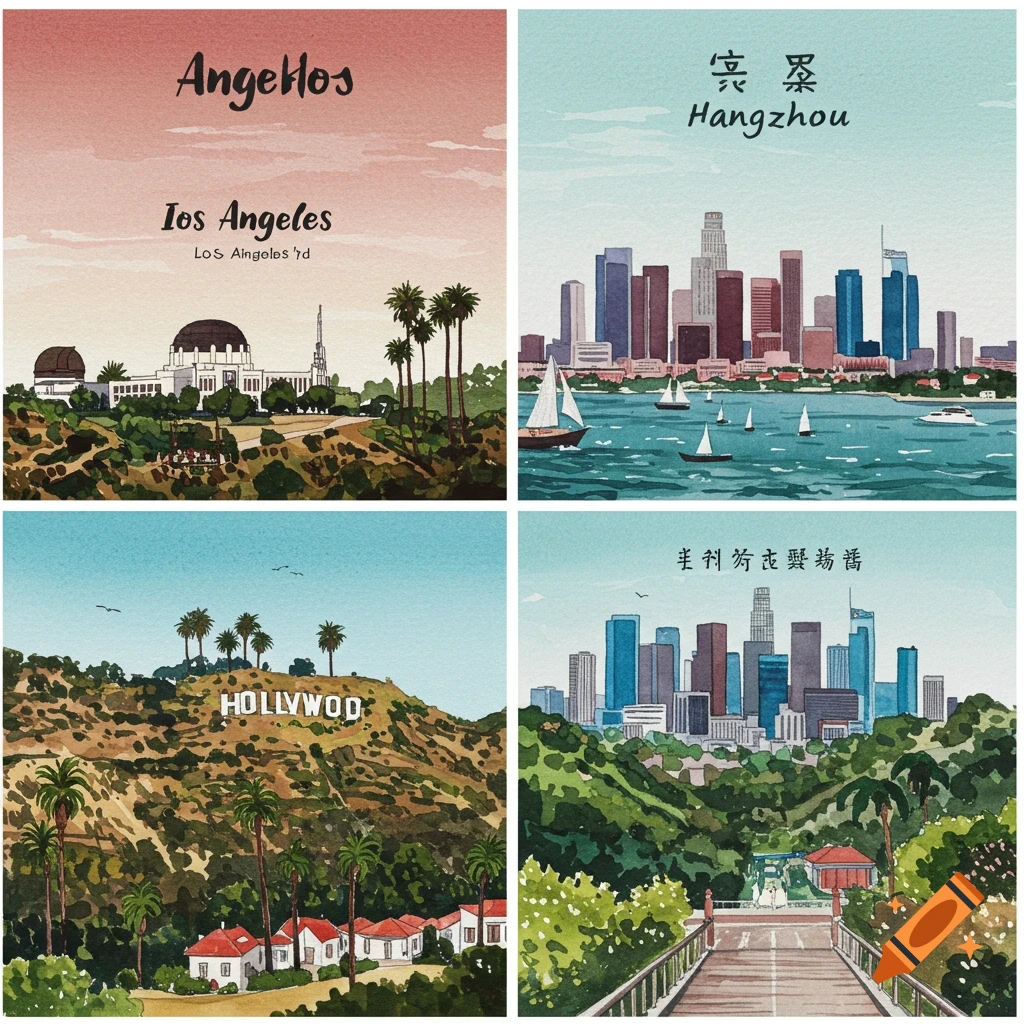 Watercolor drawings of Los Angeles and Hangzhou with wedding elements