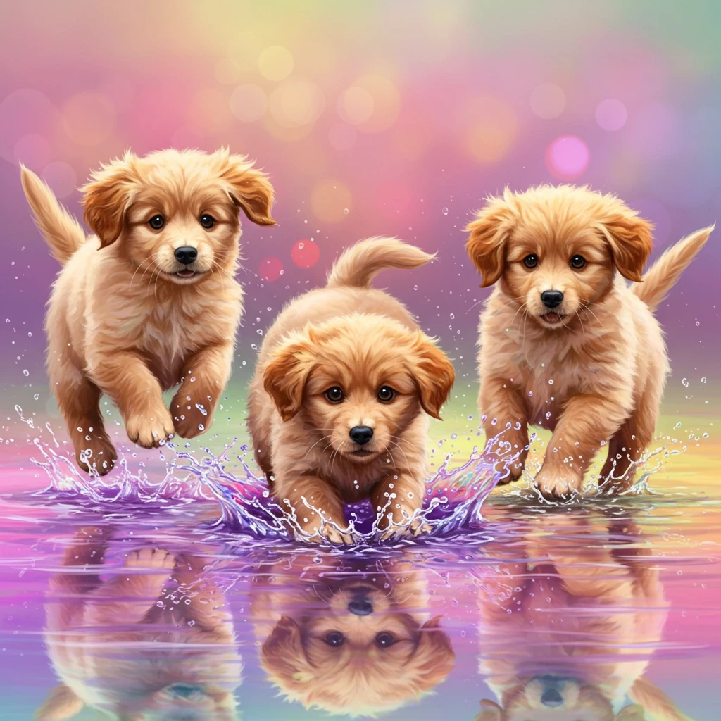 Cute puppies jumping in puddle