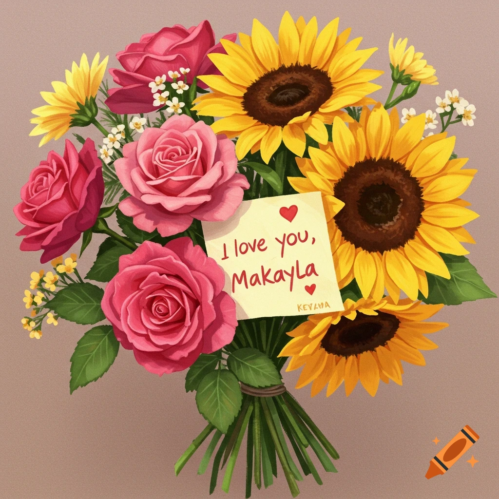 bouquet with note card saying 'I love you Makayla'