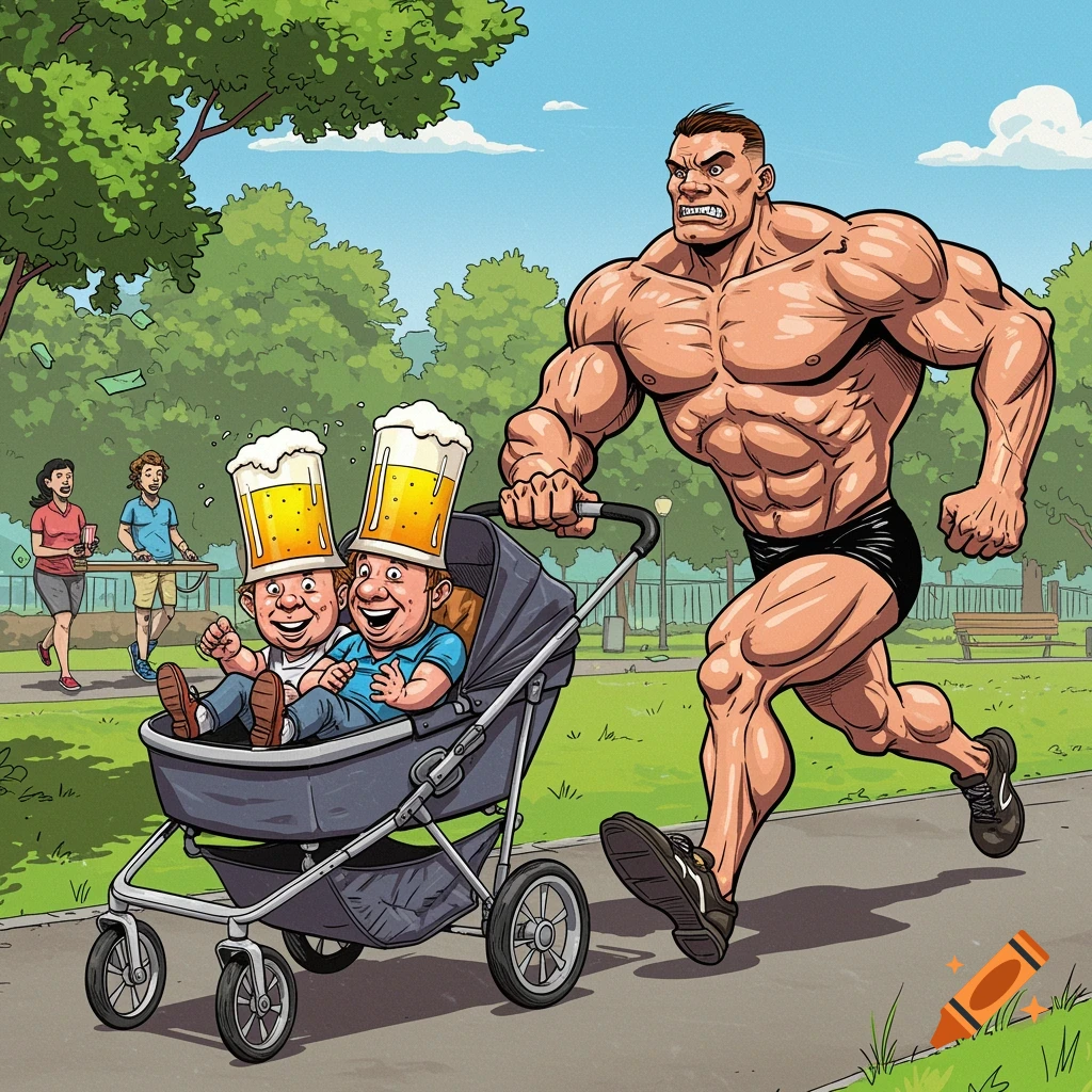 Strong man running with stroller containing men in beer hats