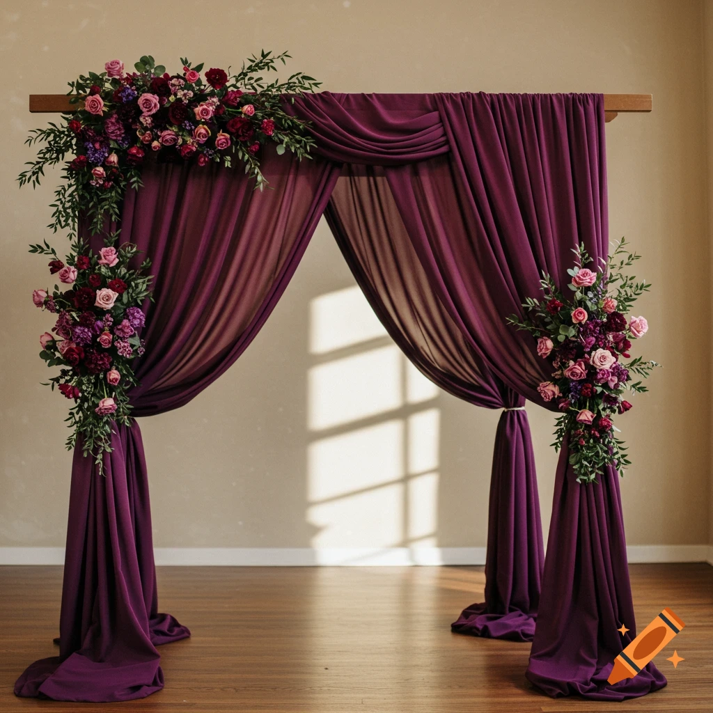 Wedding arch with purple drapes