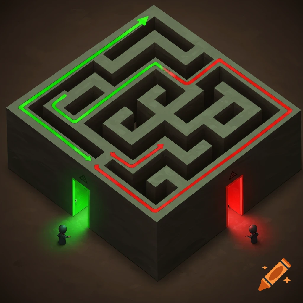 Maze with three paths leading to doors, two in green, one in red.