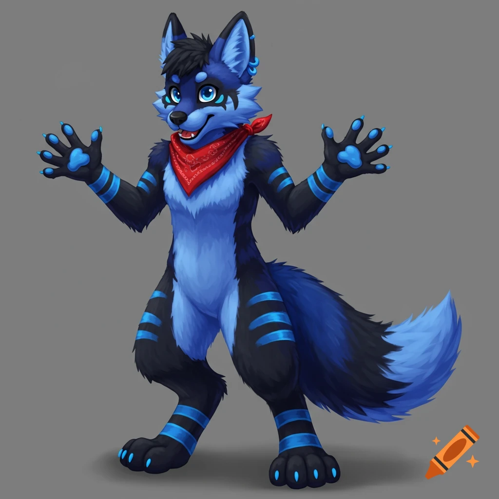Fox fursuit with blue body, black paws, and red bandana