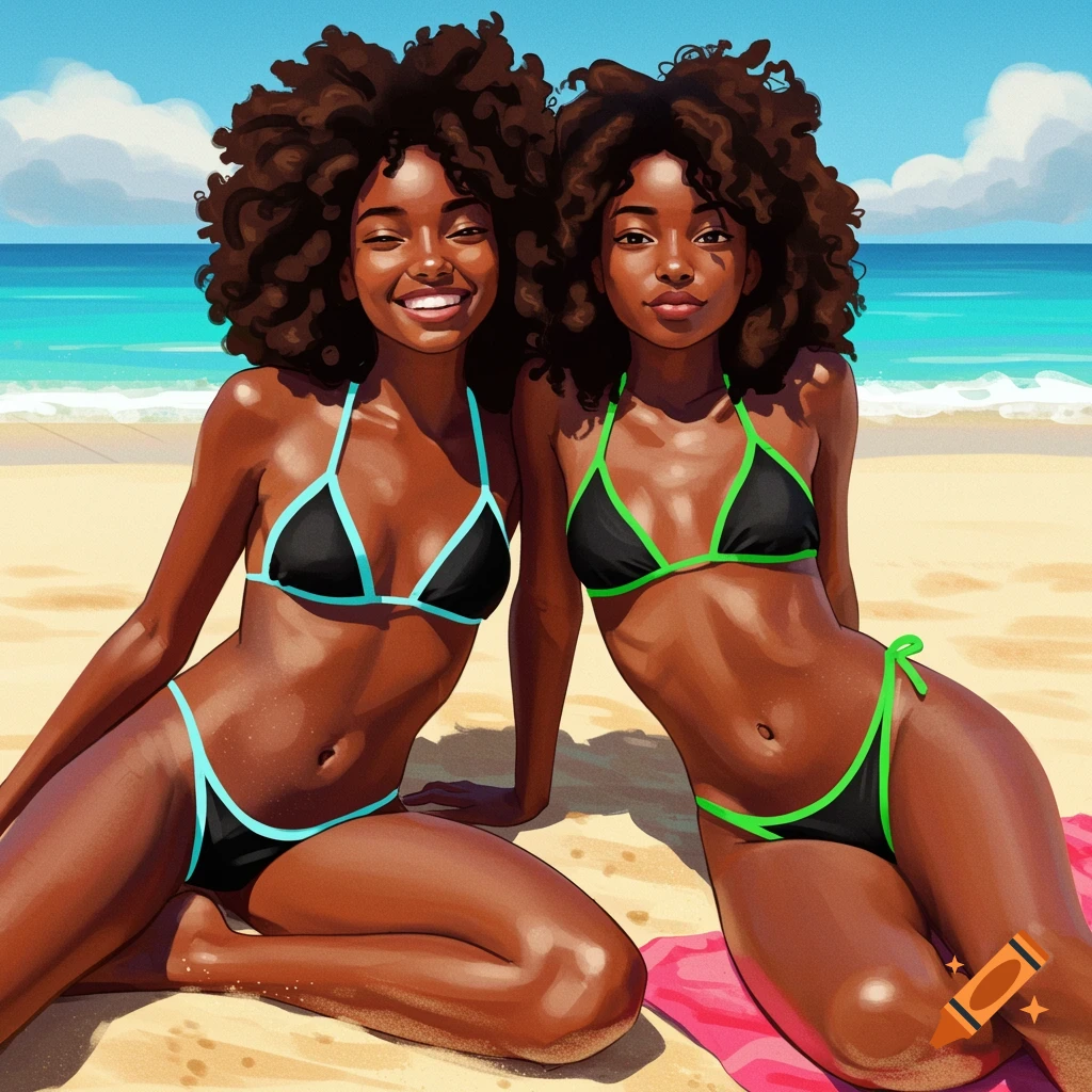 Two Black girls in bikinis with colored outlines