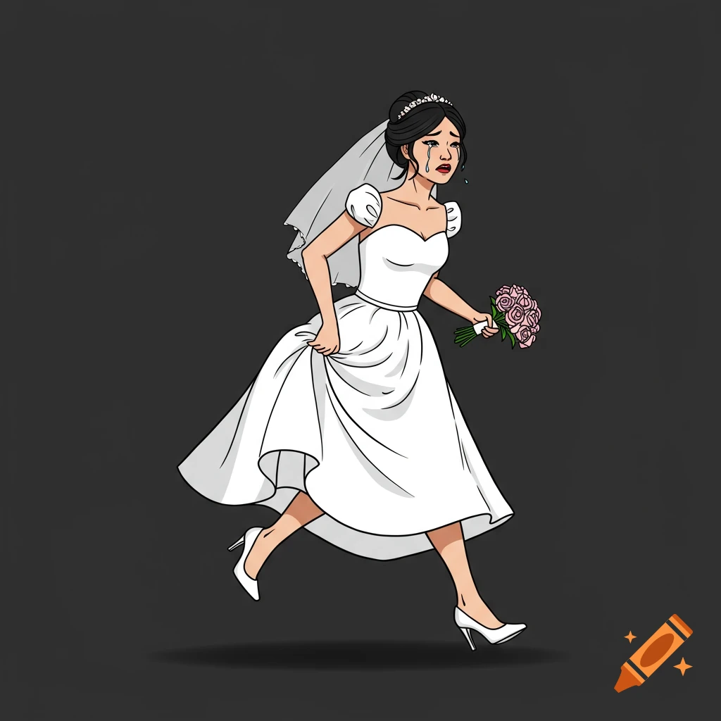 Outline sketch of sad Asian bride running in wedding dress