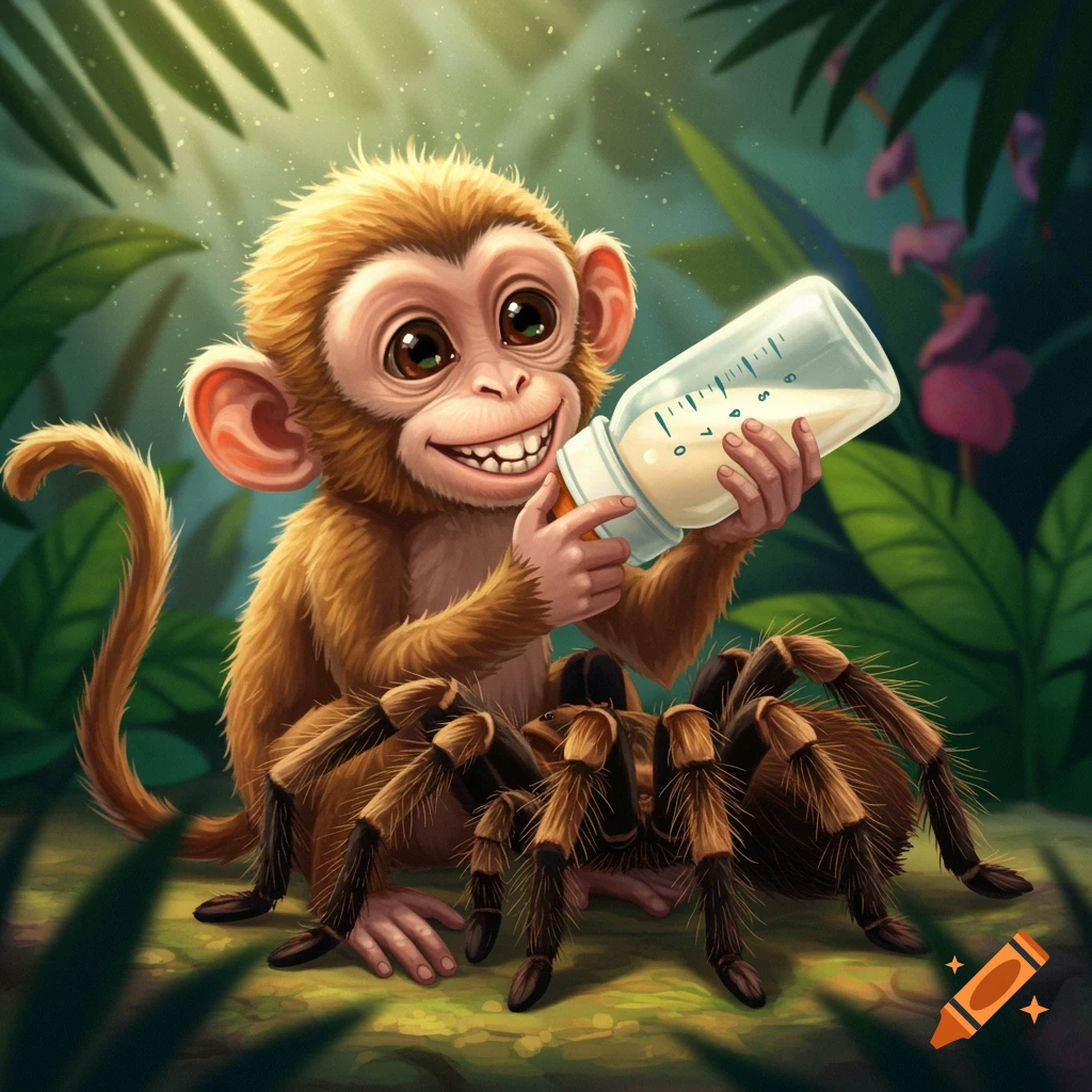 Baby monkey bottle feeding a tarantula