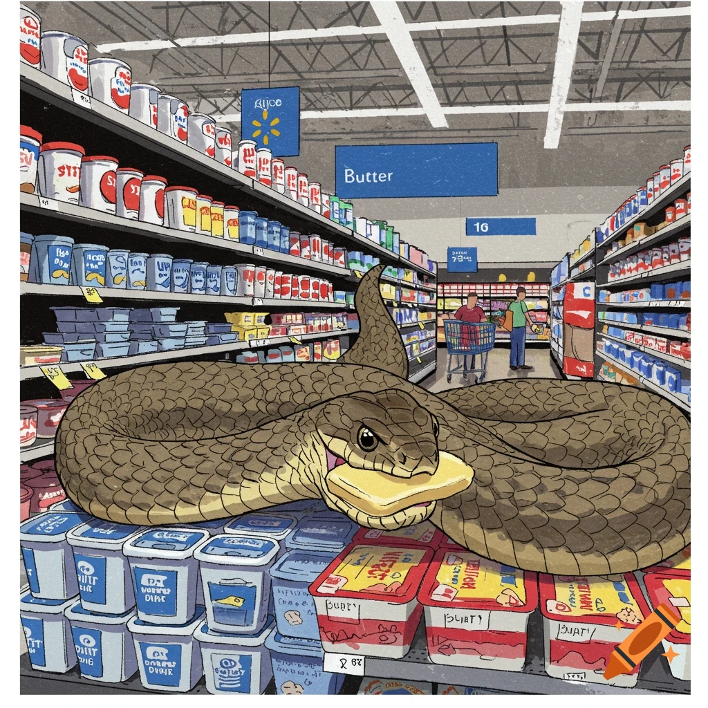 Water moccasin eating butter in Walmart dairy department
