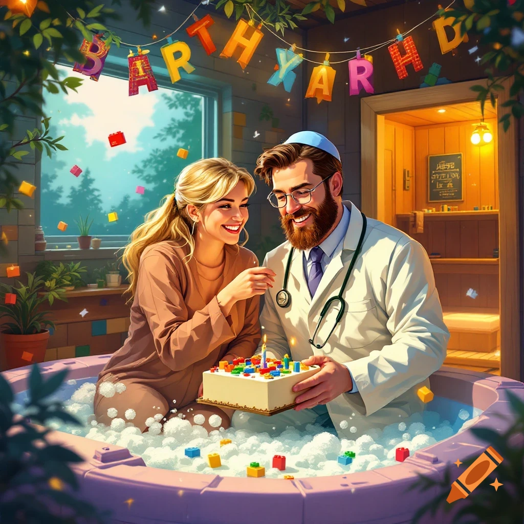Birthday image for Alex Straus featuring Gemara study, Legos, and a subtle medical theme with a sauna and hot tub