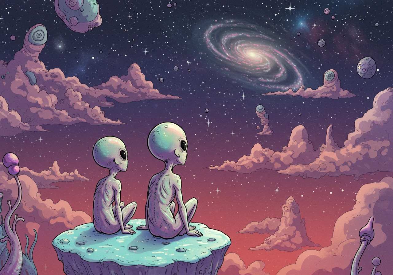 Surreal fantasy illustration of aliens watching the sky