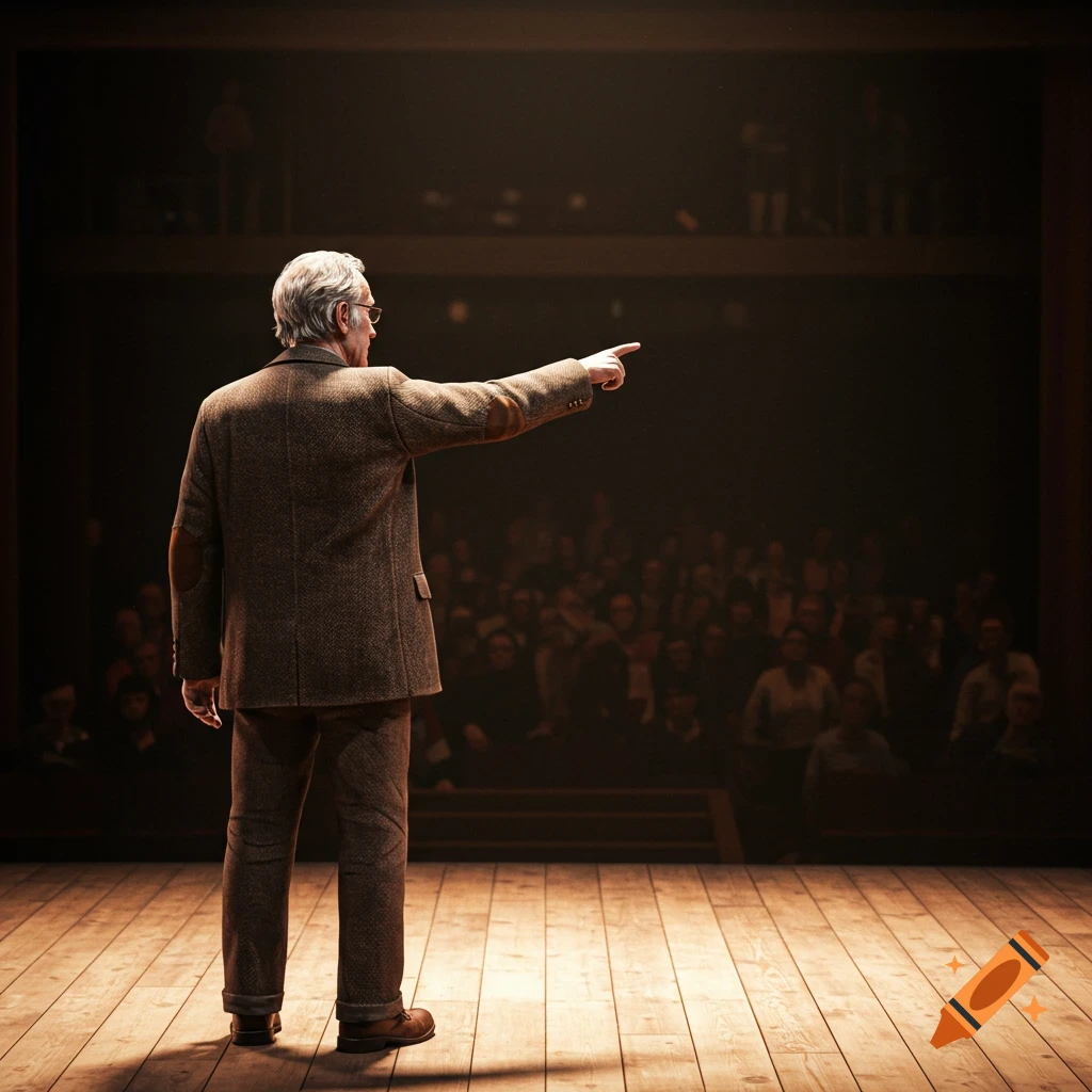 Old man pointing from stage to audience