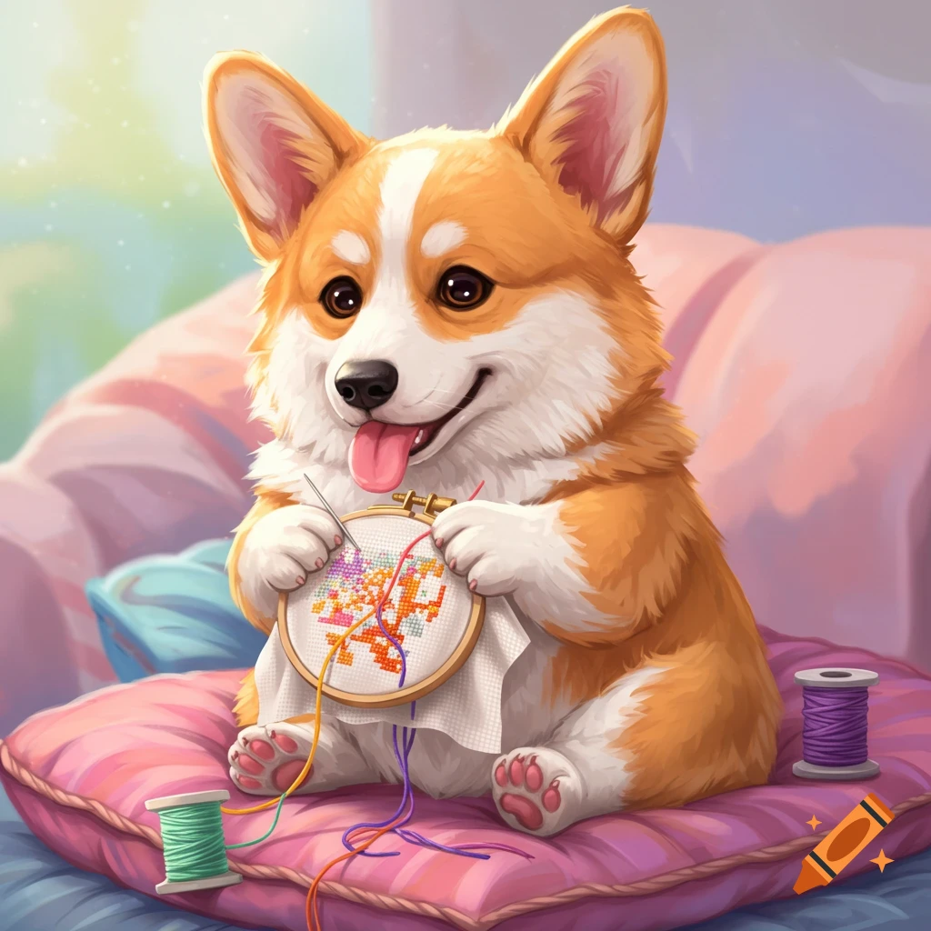 corgi doing cross stitch