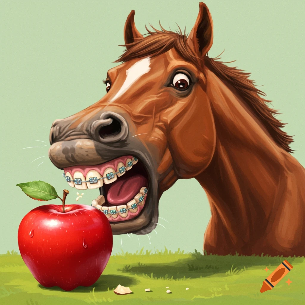 Horse with braces trying to eat an apple